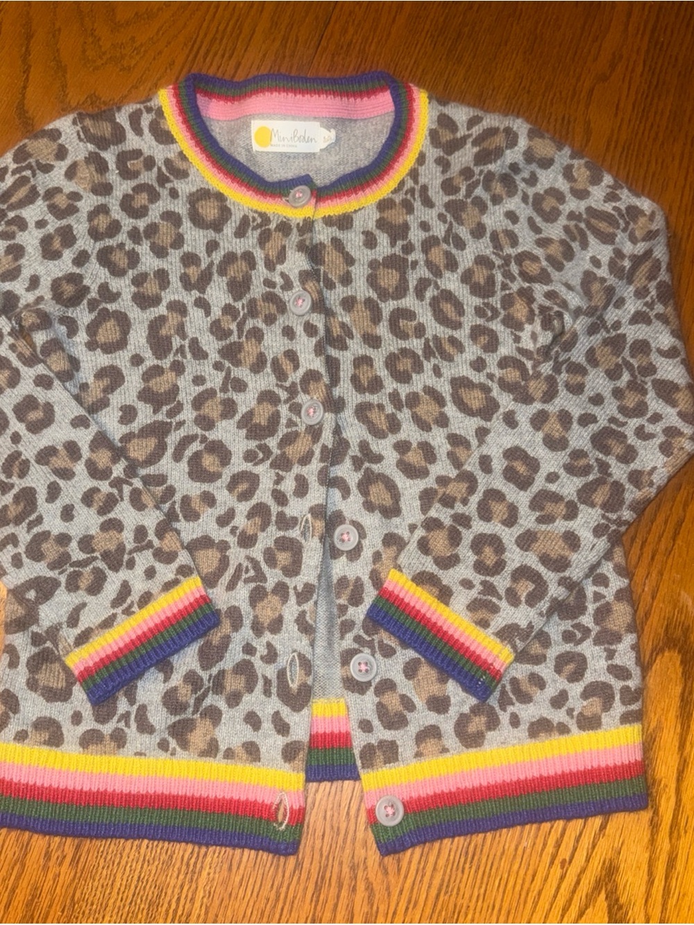 Mini Boden Gray Leopard Cardigan with Rainbow Trim
